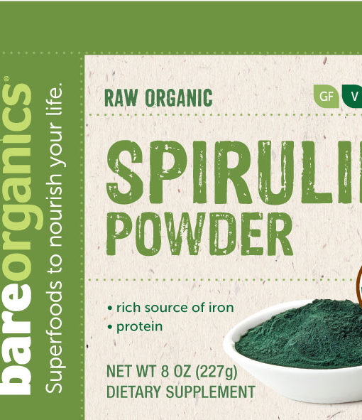 Ingredients and suggested use of the all natural BareOrganics Spirulina Powder. It helps raise your energy, vitality and detox efficacy.