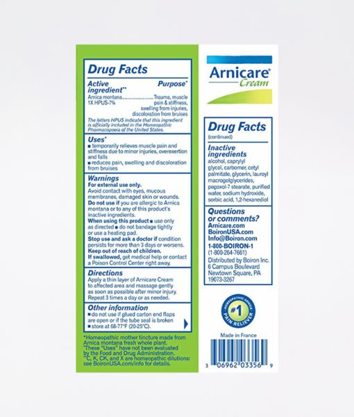 Boiron Arnica Cream - homeopathic remedy to relieve muscle pain and stiffness due to minor injuries, overexertion and falls, and, reduces pain, swelling and discoloration from bruises.