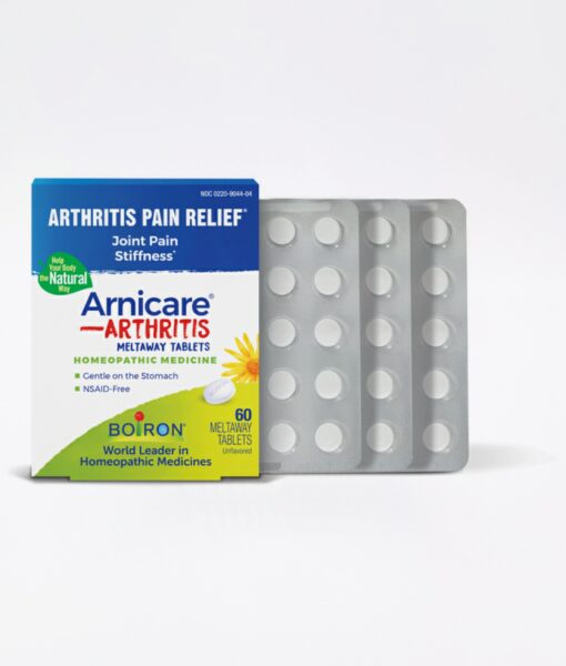 Boiron Arnicare Arthritis - relieving minor aches and pains associated with arthritis, including joint pain and rheumatic pain. This non-sedative homeopathic medicine has no known interaction with other medications or supplements; can be taken at the onset of flare-ups.
