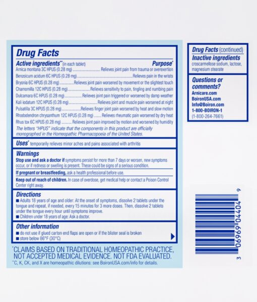 Boiron Arnicare Arthritis - relieving minor aches and pains associated with arthritis, including joint pain and rheumatic pain. This non-sedative homeopathic medicine has no known interaction with other medications or supplements; can be taken at the onset of flare-ups.