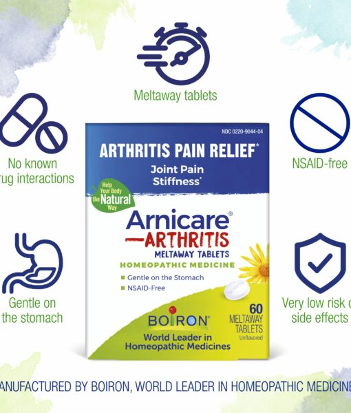 Boiron Arnicare Arthritis - relieving minor aches and pains associated with arthritis, including joint pain and rheumatic pain. This non-sedative homeopathic medicine has no known interaction with other medications or supplements; can be taken at the onset of flare-ups.