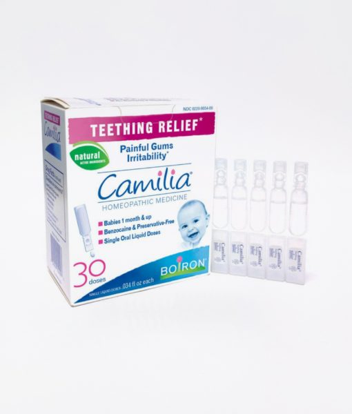 Boiron Camilia - homeopathic remedy to relieve symptoms of teething, including painful gums and irritability, as well as minor digestive disorders sometimes associated with teething.