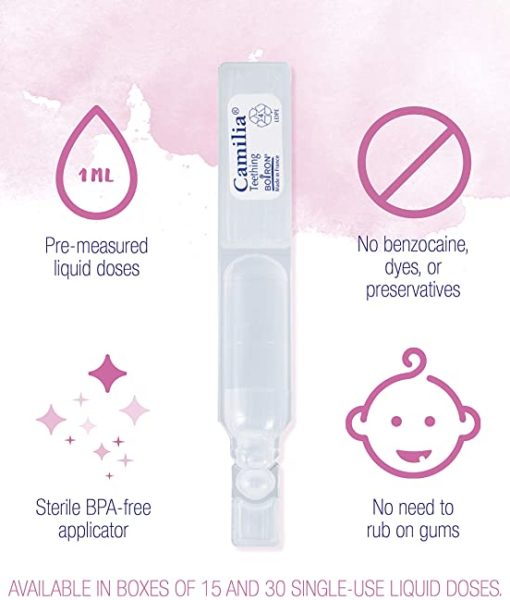 Boiron Camilia - homeopathic remedy to relieve symptoms of teething, including painful gums and irritability, as well as minor digestive disorders sometimes associated with teething.