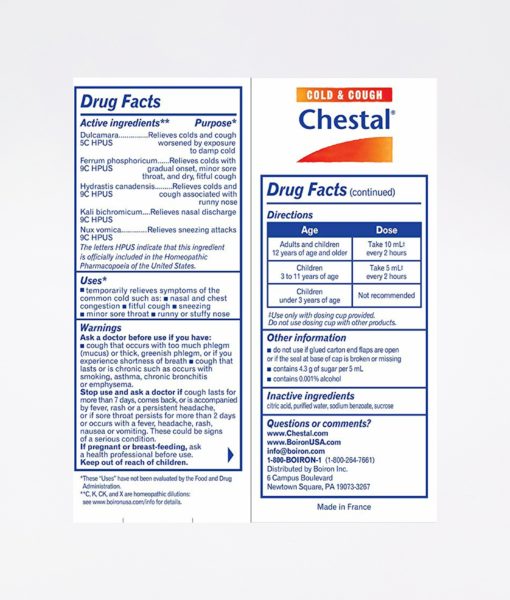 Boiron Chestal Cold & Cough - homeopathic remedy to relieve symptoms of the common cold such as nasal and chest congestion, fitful cough, sneezing, minor sore throat, and runny or stuffy nose.