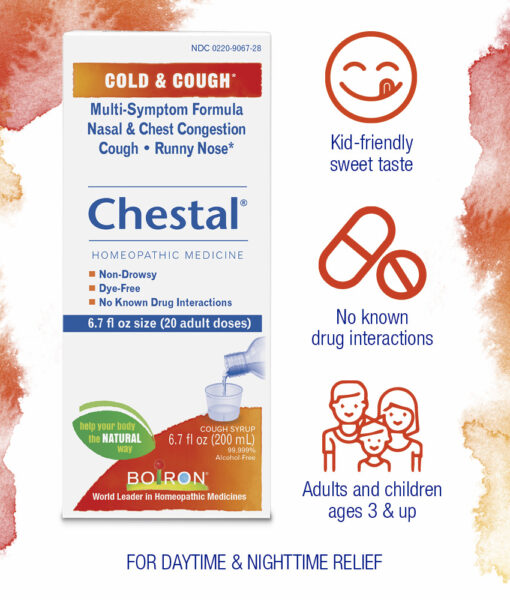 Boiron Chestal Cold & Cough - homeopathic remedy to relieve symptoms of the common cold such as nasal and chest congestion, fitful cough, sneezing, minor sore throat, and runny or stuffy nose.