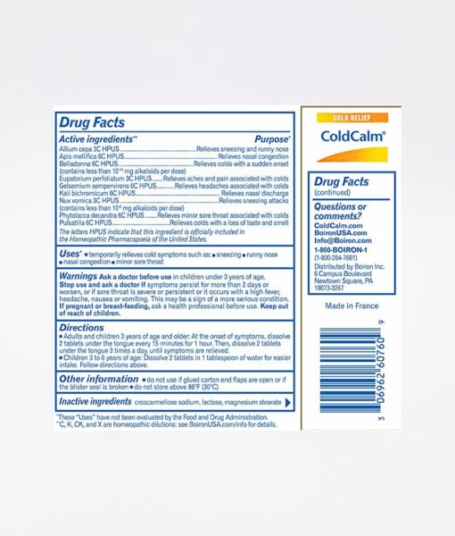Boiron ColdCalm - homeopathic remedy to relieve cold symptoms such as sneezing, runny nose, nasal congestion and minor sore throat.