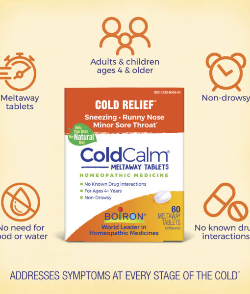 Boiron ColdCalm - homeopathic remedy to relieve cold symptoms such as sneezing, runny nose, nasal congestion and minor sore throat.