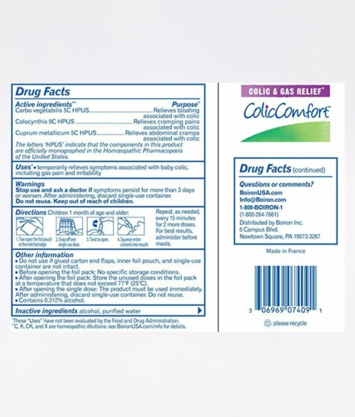 Boiron ColicComfort - homeopathic remedy to relieve symptoms of colic, including gas pain and irritability.