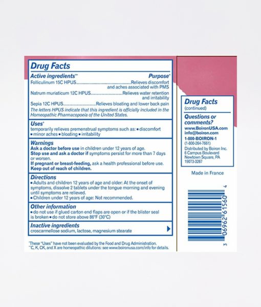 Boiron Cyclease PMS - homeopathic remedy to relieve premenstrual symptoms such as discomfort, aches, bloating and irritability.
