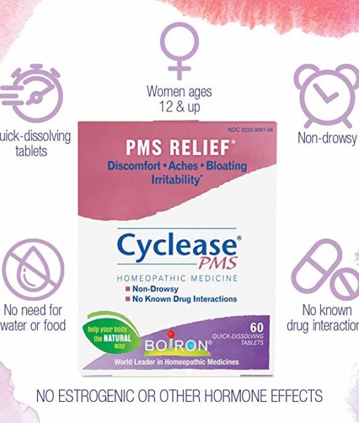 Boiron Cyclease PMS - homeopathic remedy to relieve premenstrual symptoms such as discomfort, aches, bloating and irritability.