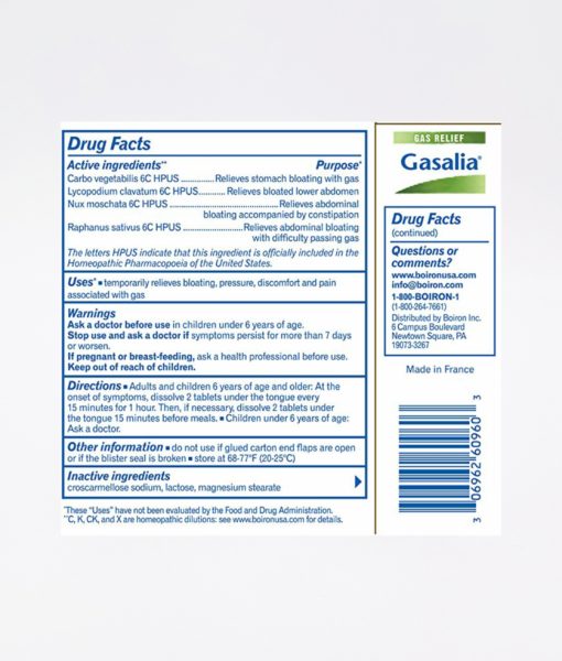 Boiron Gasalia - homeopathic remedy to relieve bloating, pressure, discomfort and pain associated with gas.