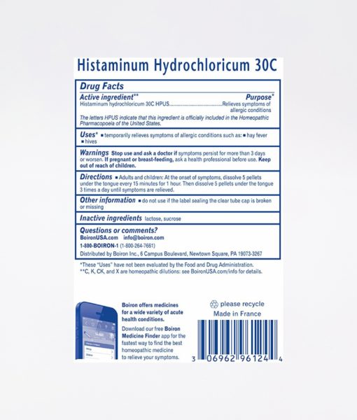 Boiron Histaminum - homeopathic remedy to relieve common allergy symptoms such as hay fever and hives.