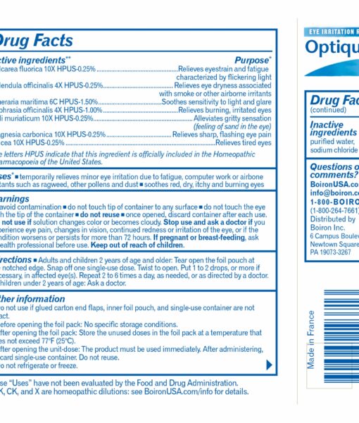 Boiron Optique 1 Eye Drops - relieves minor eye irritation due to airborne irritants, such as dust, ragweed, and other pollens. These homeopathic eye drops also refresh fatigued eyes from long hours at a computer.