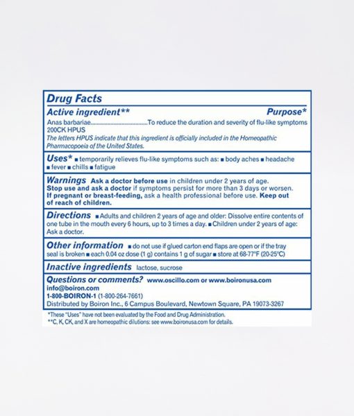 Boiron Oscillococcinum - homeopathic remedy to relieve cold/flu-like symptoms such as body aches, headache, fever, chills and fatigue.