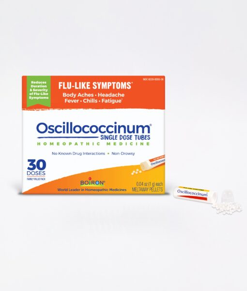 Boiron Oscillococcinum - homeopathic remedy to relieve cold/flu-like symptoms such as body aches, headache, fever, chills and fatigue.