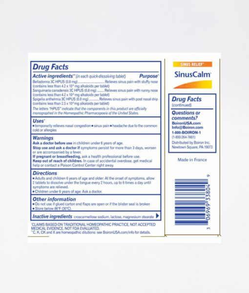 Boiron SinusCalm - homeopathic remedy to relieve nasal congestion, sinus pain and headache due to the common cold or allergies.