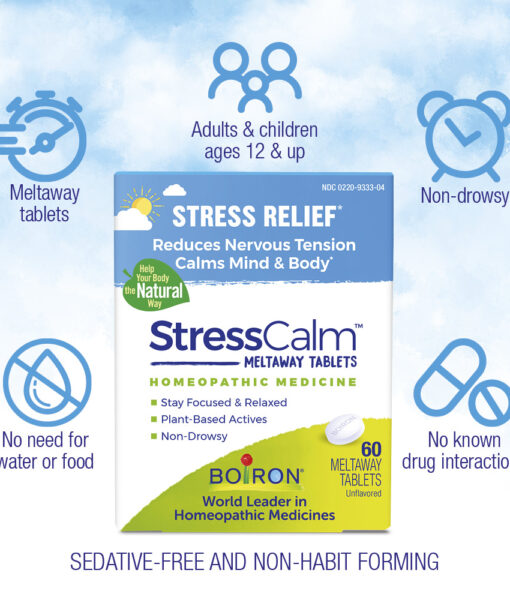 Boiron StressCalm - homeopathic remedy to relieve nervousness, irritability, hypersensitivity, and fatigue due to everyday stress.