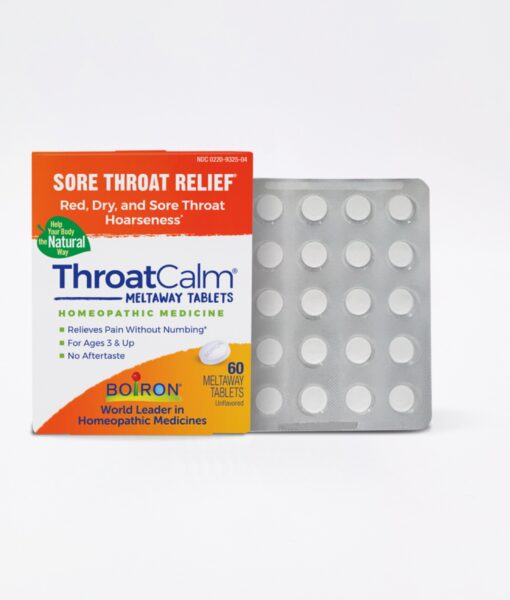 Boiron ThroatCalm - homeopathic remedy to relieve minor sore throat and hoarseness.