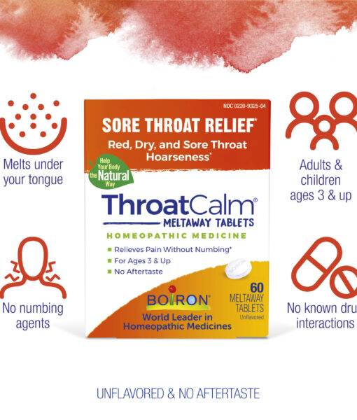 Boiron ThroatCalm - homeopathic remedy to relieve minor sore throat and hoarseness.