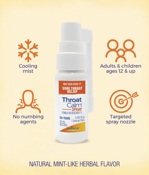 Boiron ThroatCalm Spray - homeopathic remedy to relieve minor sore throat and hoarseness.