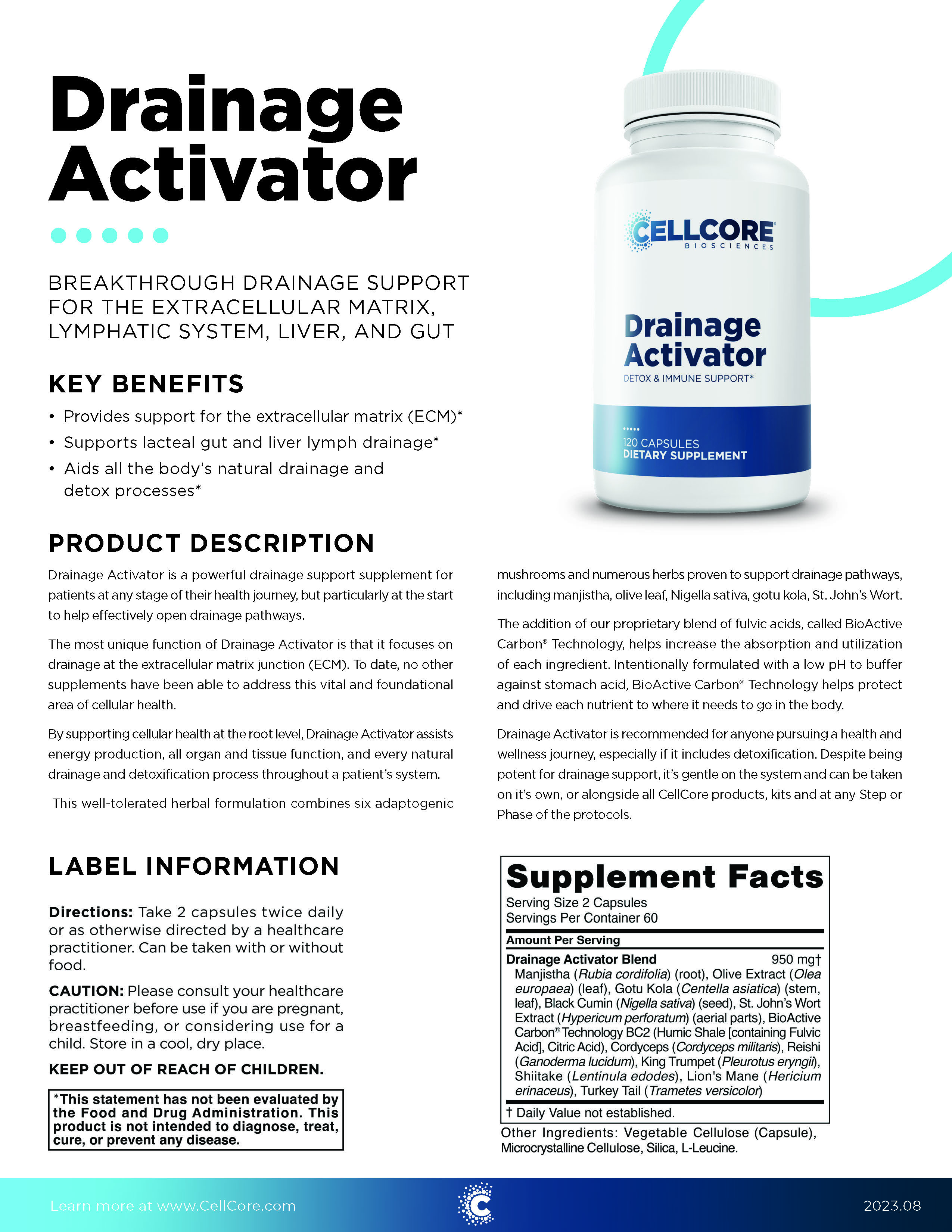 CellCore Drainage Activator - a breakthrough drainage support supplement that focuses on cellular health and energy production, lymphatic drainage and movement, as well as gut and liver health.