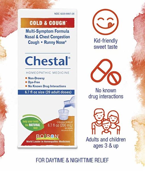Boiron Chestal Cold & Cough - homeopathic remedy to relieve symptoms of the common cold such as nasal and chest congestion, fitful cough, sneezing, minor sore throat, and runny or stuffy nose.