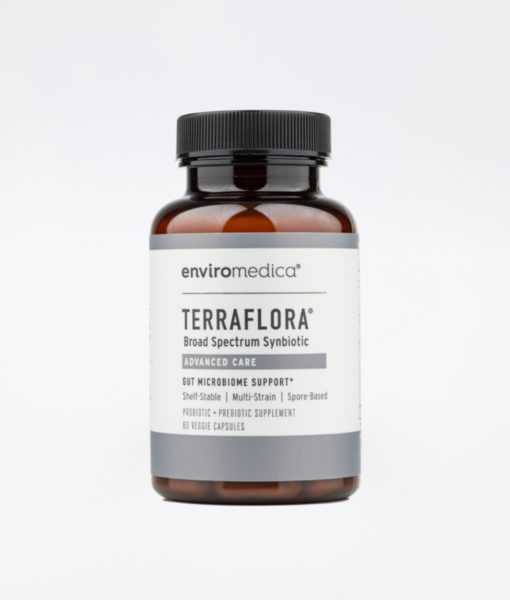 Enviromedica Terraflora Advanced Care formulated with a combination of spore form probiotics, and advanced, food-based, ancient prebiotics designed for robust support of gastrointestinal (microbiome) and immune health.