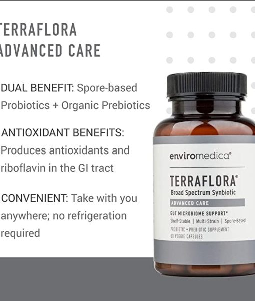 Enviromedica Terraflora Advanced Care formulated with a combination of spore form probiotics, and advanced, food-based, ancient prebiotics designed for robust support of gastrointestinal (microbiome) and immune health.