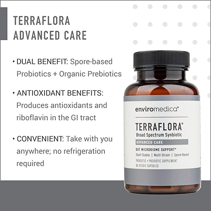 Enviromedica Terraflora Advanced Care formulated with a combination of spore form probiotics, and advanced, food-based, ancient prebiotics designed for robust support of gastrointestinal (microbiome) and immune health.