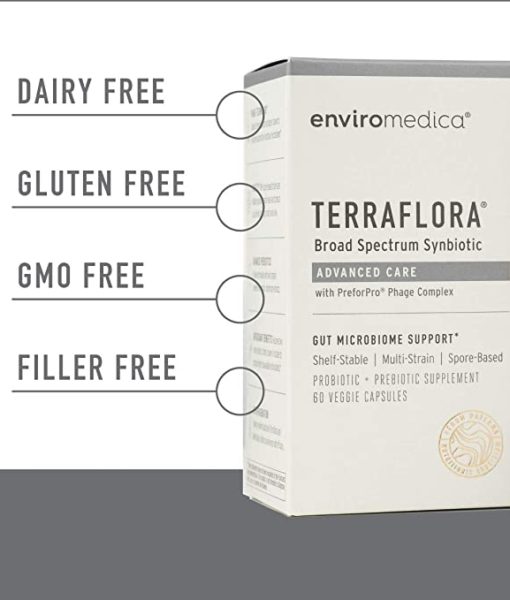 Enviromedica Terraflora Advanced Care formulated with a combination of spore form probiotics, and advanced, food-based, ancient prebiotics designed for robust support of gastrointestinal (microbiome) and immune health.