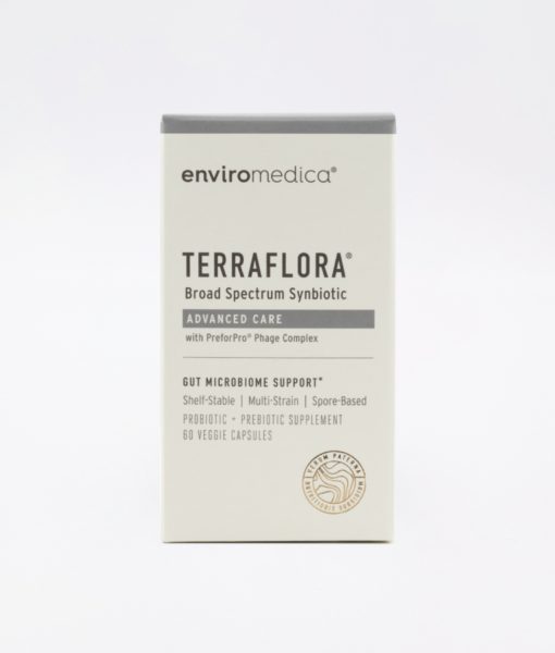 Enviromedica Terraflora Advanced Care formulated with a combination of spore form probiotics, and advanced, food-based, ancient prebiotics designed for robust support of gastrointestinal (microbiome) and immune health.