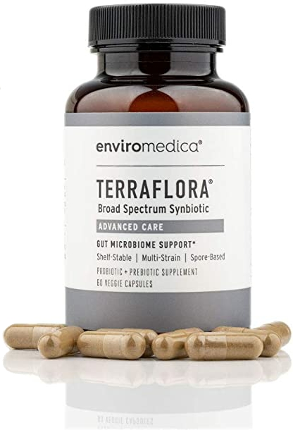 Enviromedica Terraflora Advanced Care formulated with a combination of spore form probiotics, and advanced, food-based, ancient prebiotics designed for robust support of gastrointestinal (microbiome) and immune health.