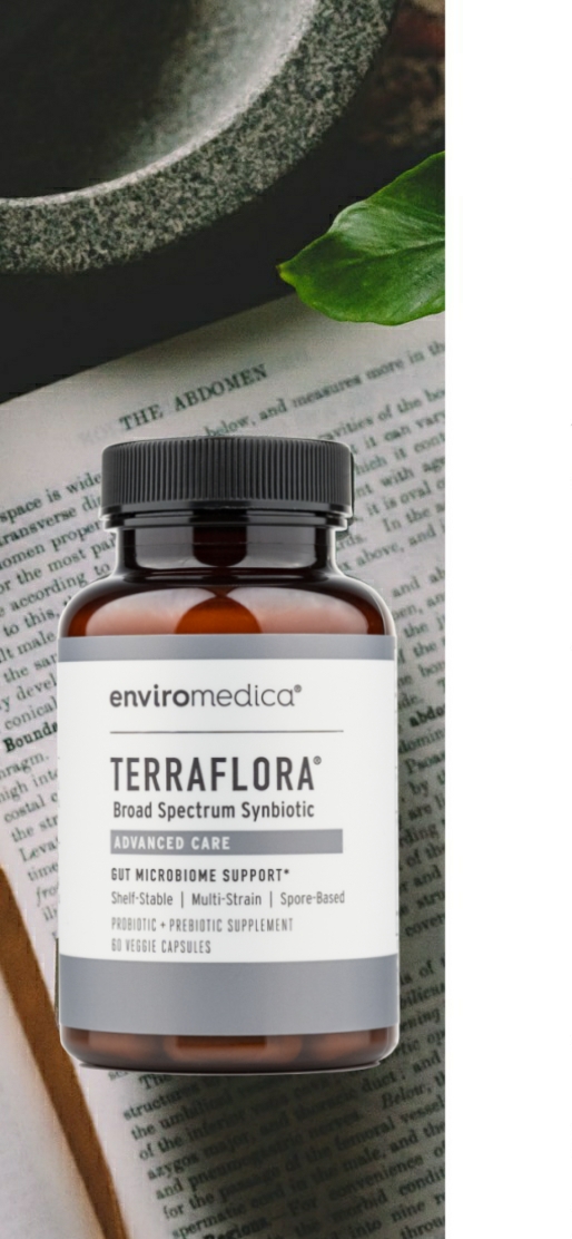 Enviromedica Terraflora Advanced Care formulated with a combination of spore form probiotics, and advanced, food-based, ancient prebiotics designed for robust support of gastrointestinal (microbiome) and immune health.