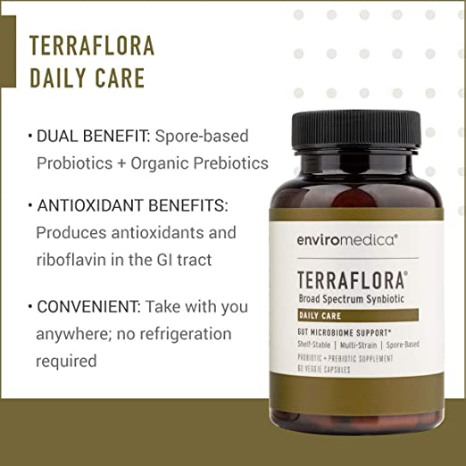 Enviromedica Terraflora Daily Care formulated with a combination of spore form probiotics, and advanced, food-based, ancient prebiotics designed for robust support of gastrointestinal (microbiome) and immune health.