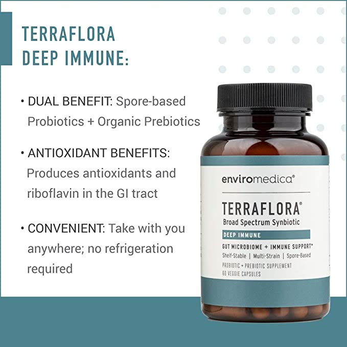 Enviromedica Terraflora Deep Immune formulated with a combination of spore form probiotics, and advanced, food-based, ancient prebiotics designed for robust support of gastrointestinal (microbiome) and immune health.