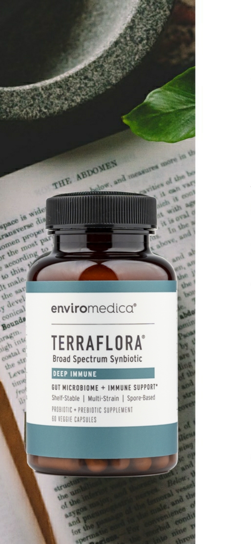 Enviromedica Terraflora Deep Immune formulated with a combination of spore form probiotics, and advanced, food-based, ancient prebiotics designed for robust support of gastrointestinal (microbiome) and immune health.