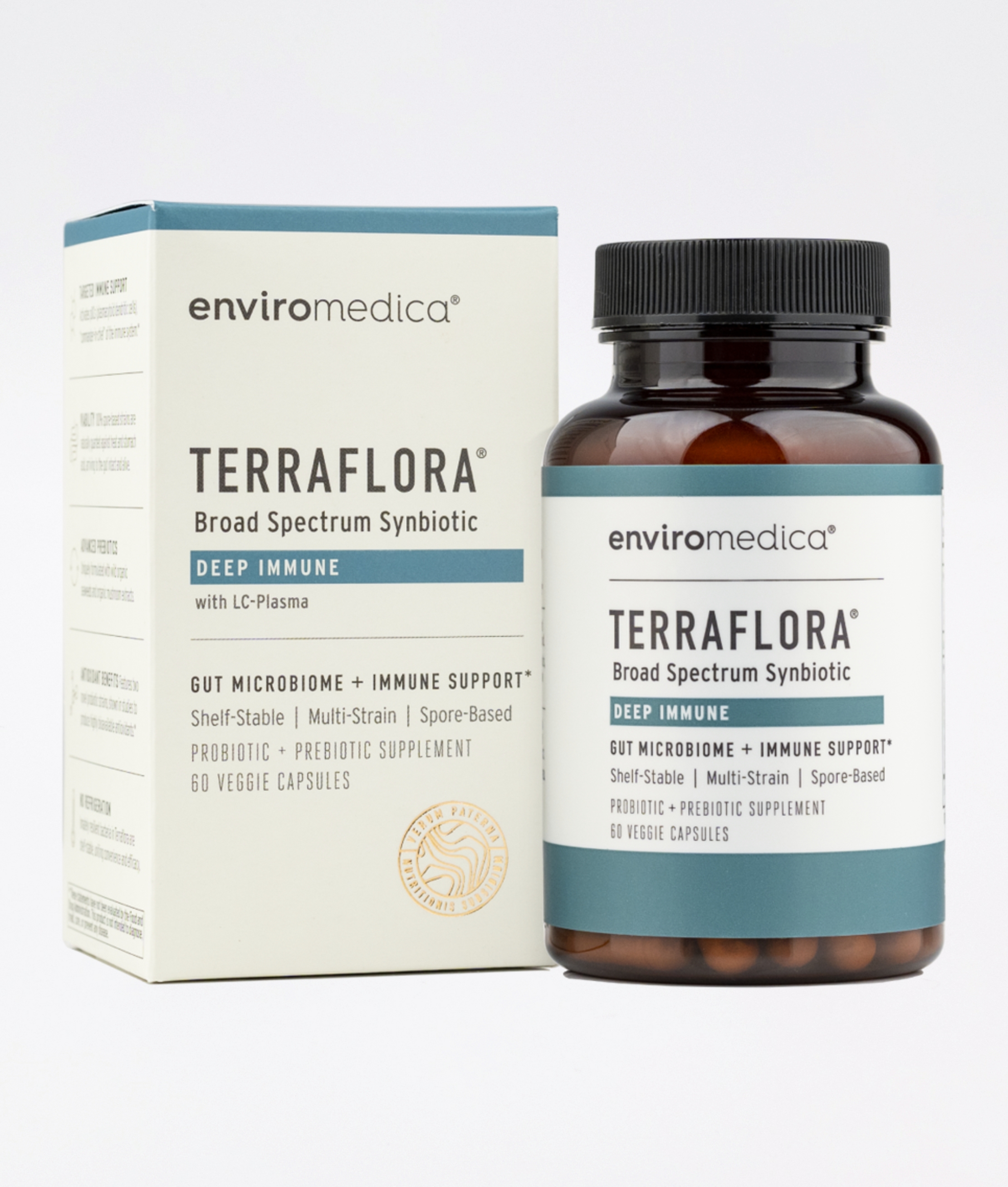 Enviromedica Terraflora Deep Immune formulated with a combination of spore form probiotics, and advanced, food-based, ancient prebiotics designed for robust support of gastrointestinal (microbiome) and immune health.