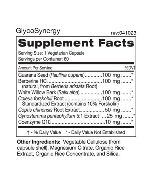 GlycoSynergy - increases overall metabolism, balances blood sugar, improves mitochondrial energy production and aids in weight loss.