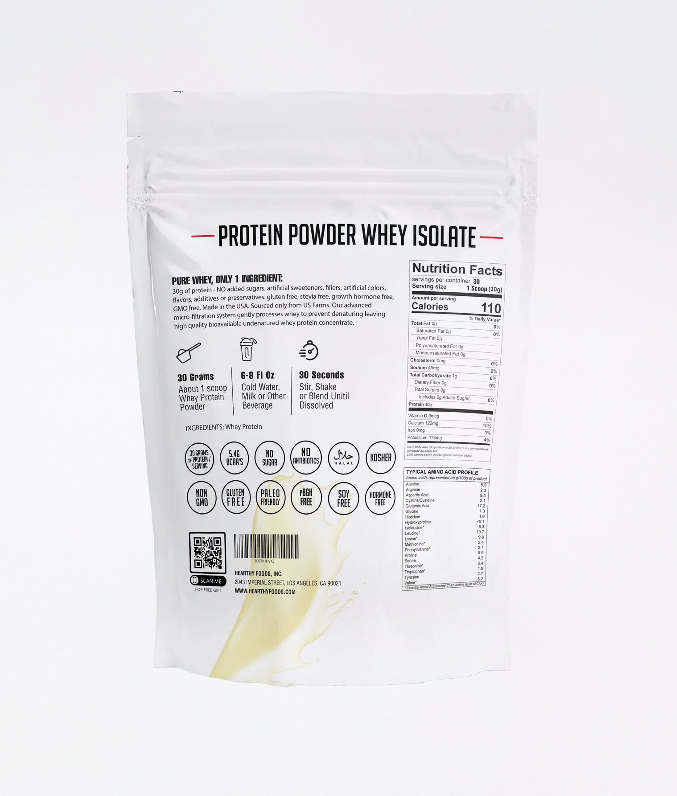 Hearthy Foods Whey Isolate Protein Powder Hearthy Foods Whey Isolate Protein Powder is the purest form of whey sourced from grass-fed California cows, providing 30 GRAMS of premium quality protein. Its top-tier formulation is rich in essential amino acids, delivering a pure and natural source of protein with no fats, no sugar, no artificial sweeteners, no growth hormone, no soy, no flavors, no additives, no colors, no fillers, and is GMO-free.