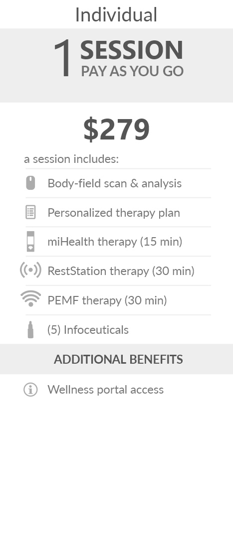 Juneva Health Individual Total Wellness Session (In Clinic) - a bioenergetic therapy session in our clinic including a body-field scan & analysis, a personalized therapy plan, a miHealth therapy (15 min), a RestStation vibroacoustic therapy (30 min), a PEMF therapy (30 min), and five (5) bioenergetic remedies (NES Infoceuticals) for use at home.