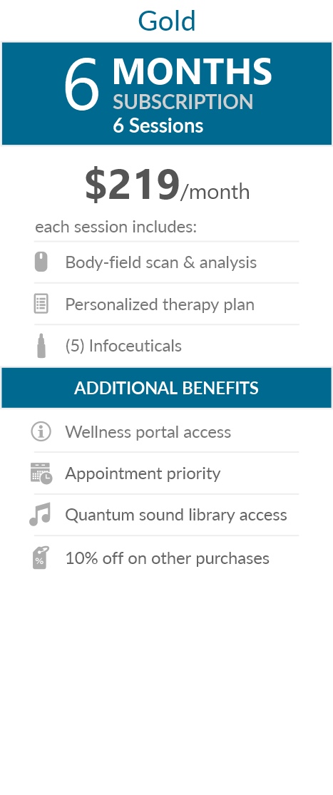 Juneva Health Total Wellness Plan - Gold (Telehealth) - a six (6) months subscription that provides members with six (6) individual bioenergetic therapy sessions via Telehealth (remote) and access to other membership benefits. Each session includes a body-field scan & analysis, a personalized therapy plan and five (5) bioenergetic remedies (NES Infoceuticals) for use at home.