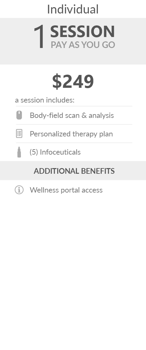 Juneva Health Individual Total Wellness Session (Telehealth) - a remote bioenergetic therapy session via Telehealth including body field scan and analysis, a personalized therapy plan, and five (5) bioenergetic remedies (NES Infoceuticals) for use at home.