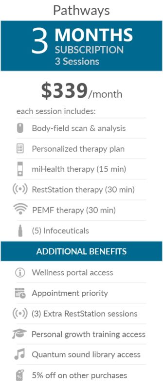Juneva Total Wellness Plans - Veterans - 3 Months - a three (3) months subscription that provides members with three (3) individual bioenergetic therapy sessions in our clinic and access to other membership benefits. Each session includes a body-field scan & analysis, a personalized therapy plan, a miHealth therapy (15 min), a RestStation vibroacoustic therapy (30 min), a PEMF therapy (30 min), and five (5) bioenergetic remedies (NES Infoceuticals) for use at home.