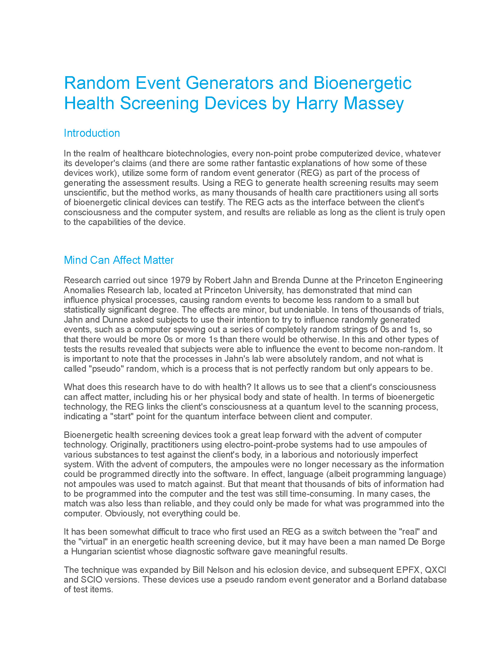 NES Health - random event generators and bioenergetic health screening device.