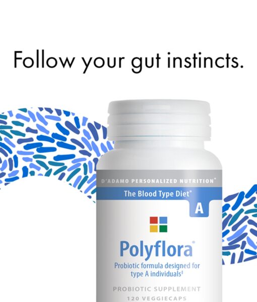 Polyflora - Pre-Probiotic (Blood Type A) - personalized probiotic with flora specifically beneficial for Blood Type A. Also includes prebiotic synergists to strengthen digestive health.