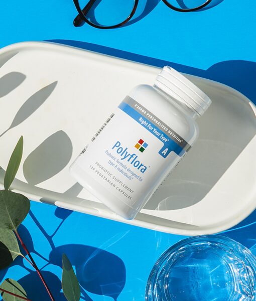 Polyflora - Pre-Probiotic (Blood Type A) - personalized probiotic with flora specifically beneficial for Blood Type A. Also includes prebiotic synergists to strengthen digestive health.