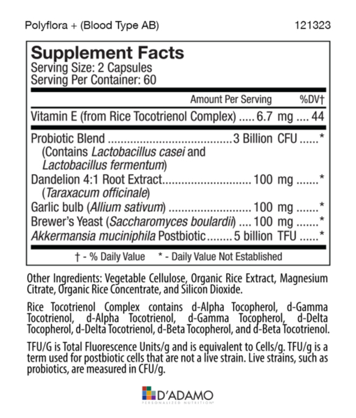 Polyflora - Pre-Probiotic (Blood Type AB) - personalized probiotic with flora specifically beneficial for Blood Type AB. Also includes prebiotic synergists to strengthen digestive health.