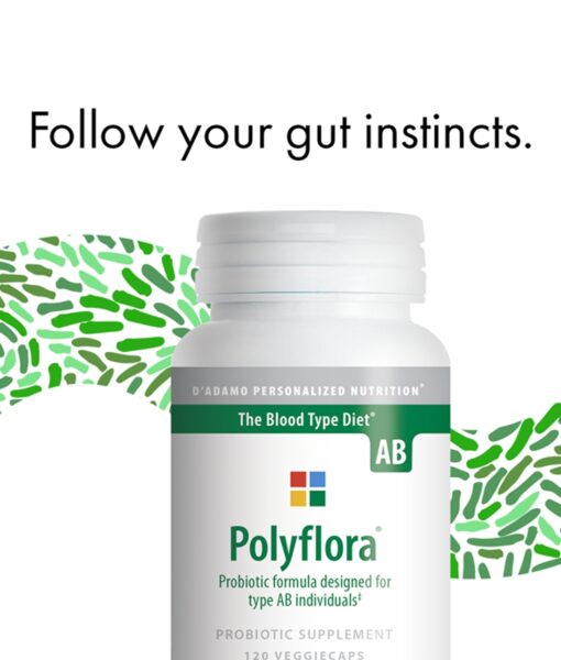 Polyflora - Pre-Probiotic (Blood Type AB) - personalized probiotic with flora specifically beneficial for Blood Type AB. Also includes prebiotic synergists to strengthen digestive health.