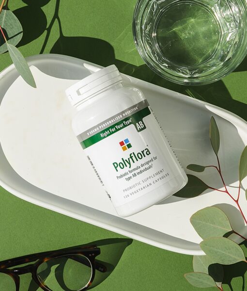 Polyflora - Pre-Probiotic (Blood Type AB) - personalized probiotic with flora specifically beneficial for Blood Type AB. Also includes prebiotic synergists to strengthen digestive health.
