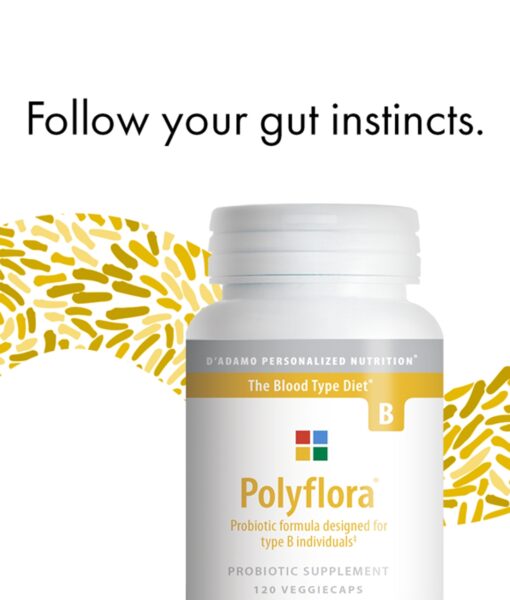 Polyflora - Pre-Probiotic (Blood Type B) - personalized probiotic with flora specifically beneficial for Blood Type B. Also includes prebiotic synergists to strengthen digestive health.